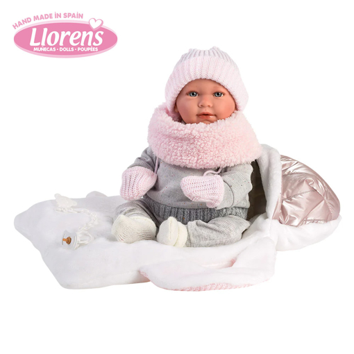 Слика на Бебе МИМИ со носач во розова металик боја (со звуци) 42 cm - Llorens Dolls