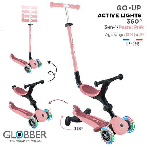 Слика на Мултифункционален тротинет 3 во 1, GO UP Active Lights 360°, склоплив (пастелно розов) - Globber