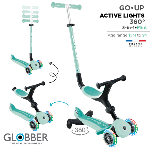 Слика на Мултифункционален тротинет 3 во 1, GO UP Active Lights 360°, склоплив (Минт) - Globber