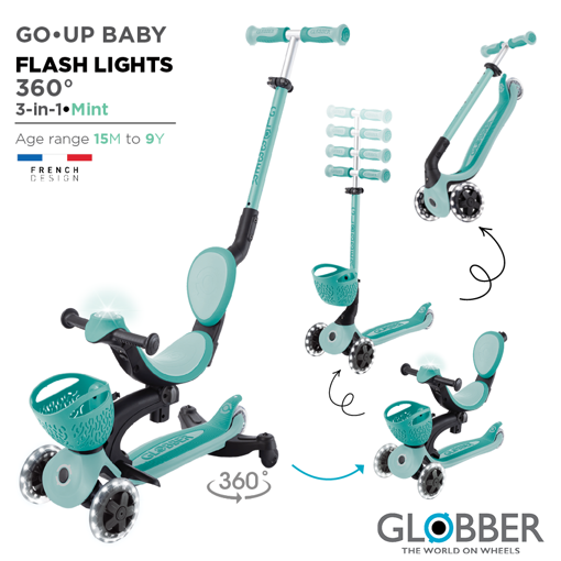 Слика на Мултифункционален тротинет 3 во 1, GO•UP BABY LIGHTS 360°, склоплив (минт) - Globber