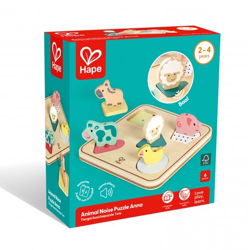 Слика на Дрвена сложувалка со звуци, Животни, 6 парчиња - Hape