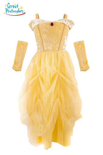 Слика на Кадифено мек жолт фустан за принцези со грејачи за раце 5-6 години - Great Pretenders