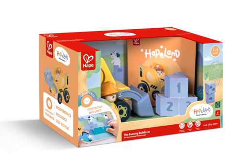 Слика на Сет за игра со булдожер, градежни коцки и книга, 6 дела - Hape